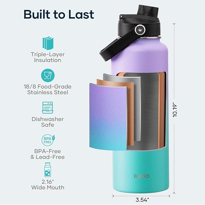 BUZIO 40oz Insulated Water Bottle, Stainless Steel Double Wall Water Flask (Cold for 48 Hrs) Leak Proof Sports Bottles Jug with Straw Lid Flex Cap Metal Canteen for Gym Travel Camping,Purple Green