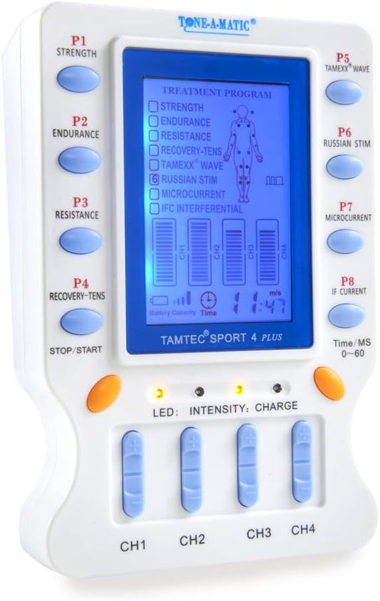 Electronic Muscle Stimulator – TAMTEC SPORT 4 TENS EMS Unit – Microcurrent, Interferential IFC, Russian Stim, ARP Recovery – Pain Relief, Muscle Building & Toning – Portable 4-Ch Electrotherapy Device
