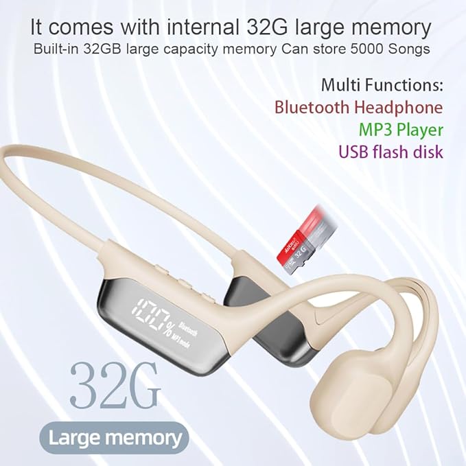 IHAO Swimming Headphones True Bone Conduction Open Ear Headset MP3 Player Built-in 32G Memory IP68 Underwater Waterproof Stereo Bluetooth Earphone for Driving Bicycling Running Skiing-S10 White