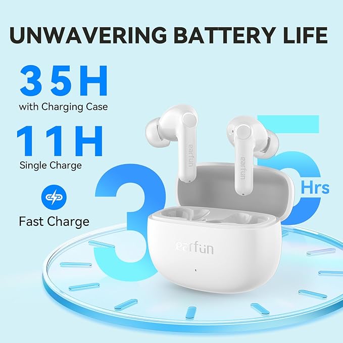 EarFun Air Life Wireless Earbuds, 12mm Driver with Deep Bass, Bluetooth 5.4 in-Ear Earbuds, 4 Mics AI ENC Call, 35H Playtime, 30 Preset EQs Via App, Comfortable Fit, Fast Charging, IPX5, White