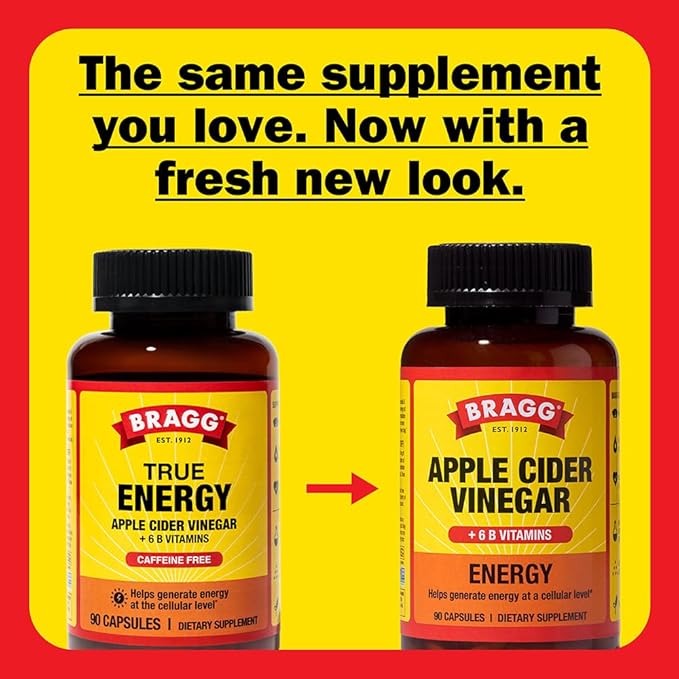 Bragg Energy Apple Cider Vinegar Capsules with B-12 Vitamins - 90 Capsules - Weight Management - Non-GMO, Vegan, Gluten Free, No Sugar - Helps Generate Energy at Cellular Level for Men and Women