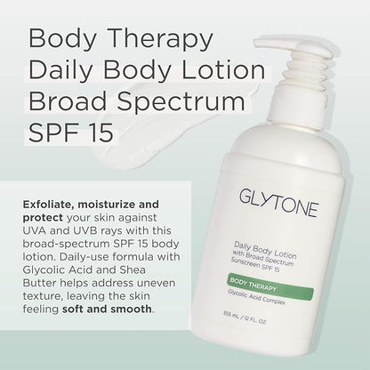 Glytone Daily Body Lotion with SPF 15–Broad Spectrum Sunscreen Moisturizer for Body –Spf Lotion with Glycolic Acid & Shea Butter – Sensitive Skin Sun Screen – Gives Non Greasy Sun Protection – 12 oz