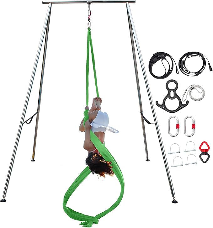 TECSPEC 9.6 FT/115.3 Inch Adjustable Height Aerial Yoga Frame & Hammock, Professional Swing Stand with 18 FT/33FT Aerial Silk, 550lbs Max Capacity
