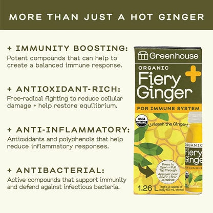 Greenhouse Juice Organic Fiery Ginger Wellness Shot Box Multipack 1.26L Ginger, Turmeric, Lemon, Black Pepper & Oregano | Immunity Wellness + Antiflammatory (Bag-in-Box Dispenser 2 Pack, Fiery Ginger)