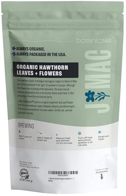 J MAC BOTANICALS Organic Hawthorn Leaves and Flower (8 oz) Dried Hawthorne leaf tea