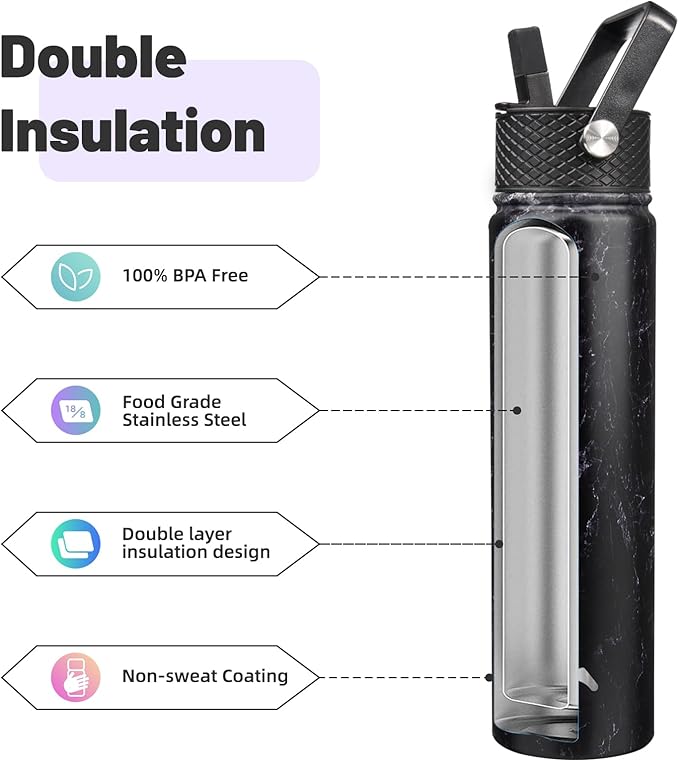 Insulated Water Bottle 24oz Stainless Steel Sport Bottles with 3 Lids,Marble Midnight