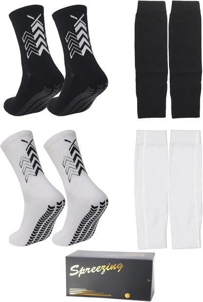 Grip Soccer Socks with Shin Guard Sleeves Non Slip Soccer Leg Sleeve Socks for Men Women Black/White 2 Set