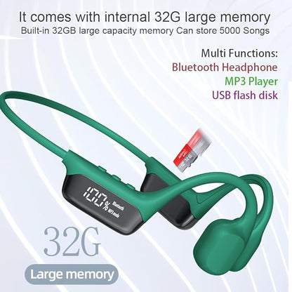 IHAO Swimming Headphones True Bone Conduction Open Ear Headset MP3 Player Built-in 32G Memory IP68 Underwater Waterproof Stereo Bluetooth Earphone for Driving Bicycling Running Skiing-S10 Green