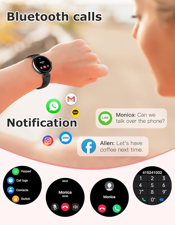 Fitness Tracker, Round Fitness Watches for Women with Bluetooth Call Heart Rate Monitor Sleep Tracker Calorie/Step Counter, Birthday Gift for Women Lady Mom Waterproof (Black)