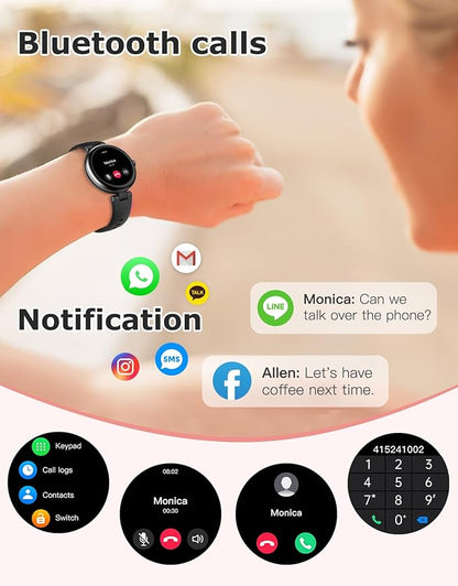 Fitness Tracker, Round Fitness Watches for Women with Bluetooth Call Heart Rate Monitor Sleep Tracker Calorie/Step Counter, Birthday Gift for Women Lady Mom Waterproof (Black)