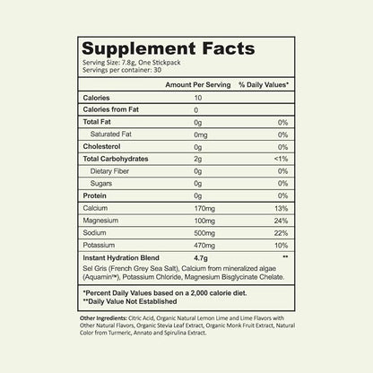 Instant Hydration Electrolytes Powder Packets - Lemon Lime Drink Mix - Zero Sugar - Keto, Vegan, Gluten-Free, Non-GMO - Boost Recovery, Brain Health, Muscle & Tissue Support- 30 Sticks