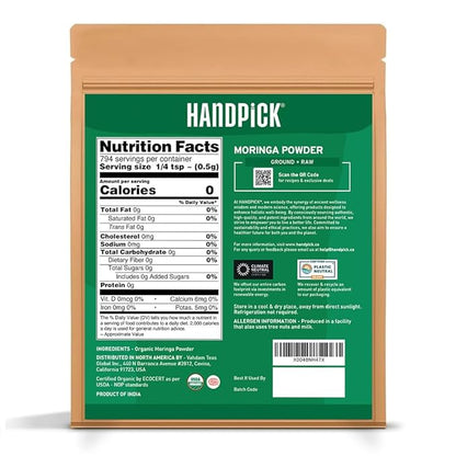 HANDPICK USDA Organic Moringa Powder (397g/14oz) Pure Moringa Oleifera Leaf Powder | Authentic Indian Origin | Gluten Free, Non-GMO | Perfect for Smoothies, Drinks, Tea & Recipes