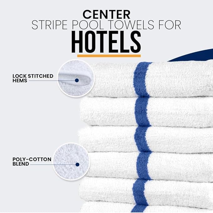 Blue Center Stripe 120 Bulk Towels (22x44) – Economical Soft & Absorbent Bulk Pool Towels for Hotels - Lightweight & Quick Drying White Bath Towels Bulk for Gym & Salon - Durable & Fade Resistant