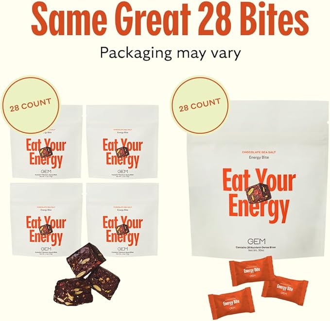 GEM Energy Caffeinated Bite, 40mg Caffeine, Ginseng Root, L-Theanine, Holistic Sustained Energy, Supports Metabolism, Stanima & Endurance | Chocolate Cacao Sea Salt | 28 Servings