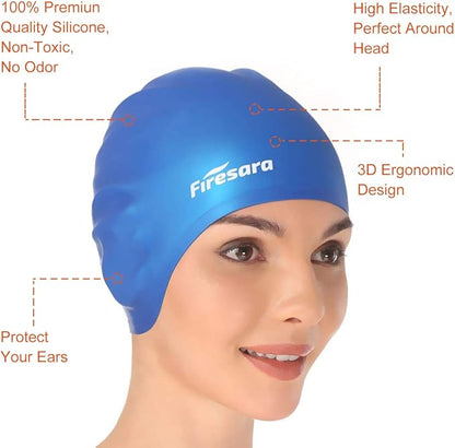 Firesara Swim Cap, Original Updated Swimming Cap 3D Ergonomic Design Comfortable Durable Ear Protection for Women Kids Men Adults Boys Girls for Long or Short Hair with Nose Clip and Ear Plugs