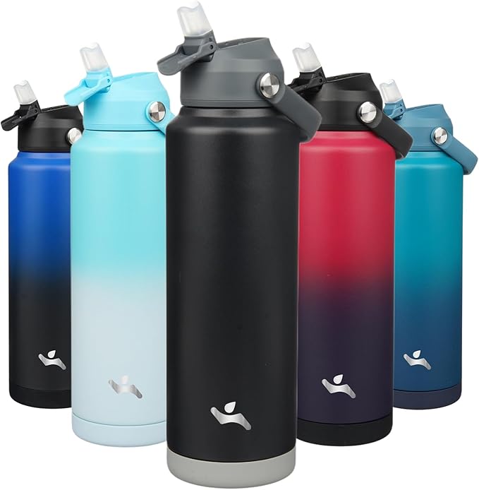 Insulated Water Bottle with Straw Lid,40 oz Stainless Steel Vacuum Metal Bottle with Silicone Handle,Black