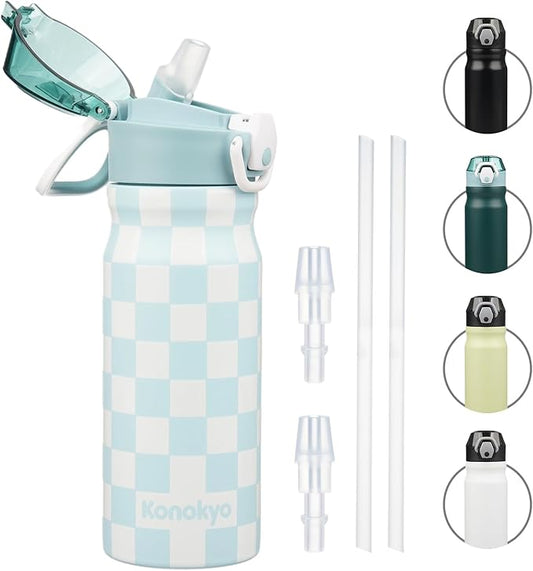 Insulated Water Bottle with Straw and Carry Loop,18 oz Stainless Steel Double Wall Vaccum Metal Water Flask with Leak-proof Lid,Blue White Plaid
