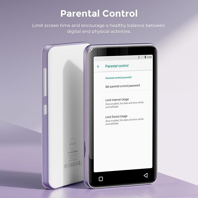 innioasis 80GB MP3 Player with Bluetooth and WiFi, MP3 Player for Kids with Spotify, Spotify Kids, Pandora, Audible, 4.0" Touch Screen Music Player with Parental Controls, Up to 1TB (White+ Purple)