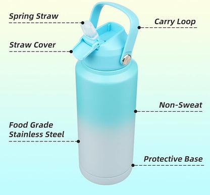 Insulated Water Bottle with Straw Lid,32 oz Stainless Steel Vacuum Metal Bottle with Silicone Handle,Sea Salt