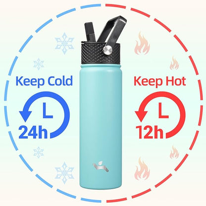 22oz Stainless Steel Bottles with 3 Lids Sport Insulated Water Bottle,Turquoise