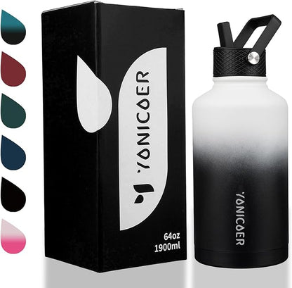 Insulated Water Bottle 64oz,Triple Wall Vacuum Stainless Steel(Dishwasher Safe),Leak Proof & Non-BPA,Flask Jug with Paracord Handle & Straw Spout Lids Sports