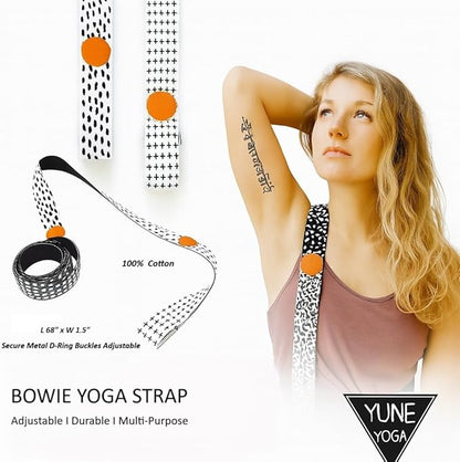 Yune Yoga Bowie Yoga Strap – 68" 100% Cotton Stretching & Carrying Strap with Metal D-Ring – Yoga Accessory for Pilates, Flexibility & Home Practice