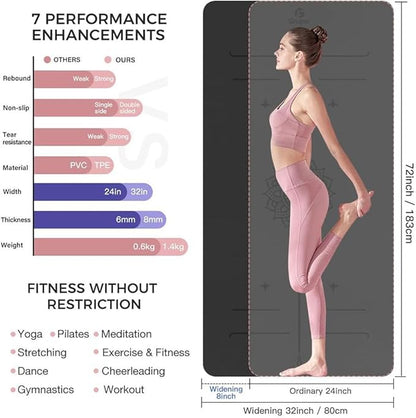 Yoga Mat Non Slip TPE Extra Wide Yoga Mat with Alignment Mark, 72"L x 32"W x 0.32"/0.24"Th (183cm x 81cm x 8mm/6mm), Anti-Tear Exercise Mat with Carrying Strap and Bag, Workout Mats for Yoga, Pilates