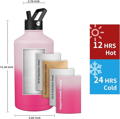 Insulated Water Bottle 64oz,Triple Wall Vacuum Stainless Steel(Dishwasher Safe),Leak Proof & Non-BPA,Flask Jug with Paracord Handle & Straw Spout Lids Sports
