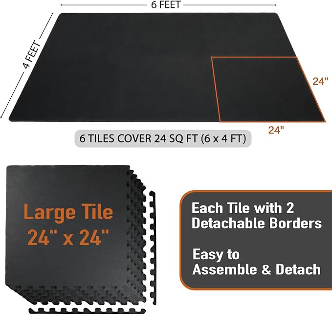 0.56in Thick 24 Sq Ft Exercise Equipment Mats 6 Tiles