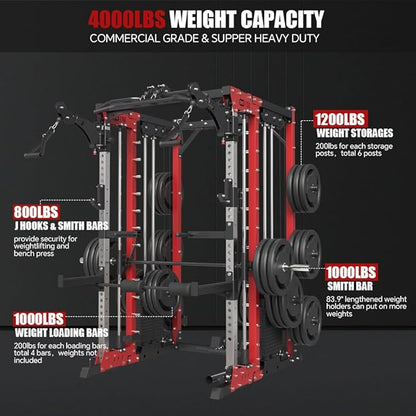 FAGUS Commercial Smithe Machine with 308lb Dual Weight Stacks, 4000LBS Power Cage Squat Rack with Lever Arm & Leg Press, Multi-Function Linear Bearing Cable Crossover Machine for Home Gym