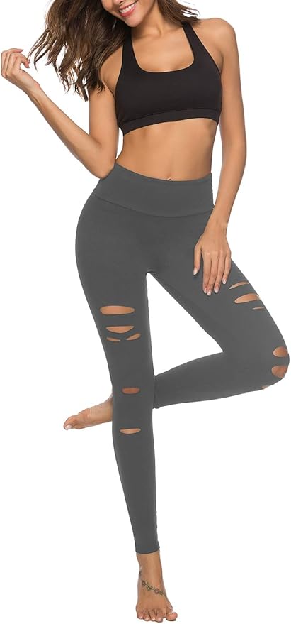 DIBAOLONG Womens High Waist Yoga Pants Cutout Ripped Tummy Control Workout Running Yoga Skinny Leggings