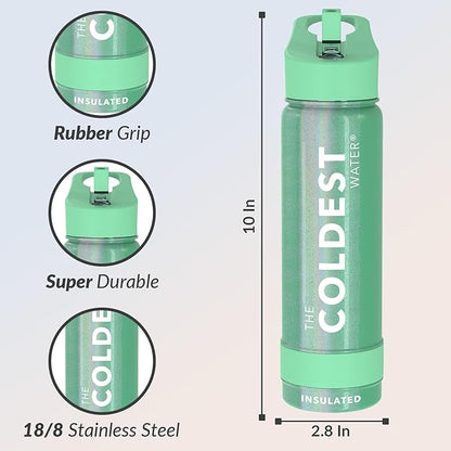 Coldest Insulated Water Bottle with Straw Lid - Stainless Steel Metal Insulated Bottle for Men & Women (Green Aurora Glitter, 24 oz)