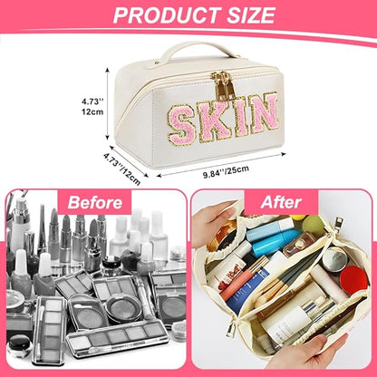 Large Capacity Travel Cosmetic Bag, Synthetic Leather Open Flat Makeup Bag for Women Letter Toiletry Bag with Dividers and Handle