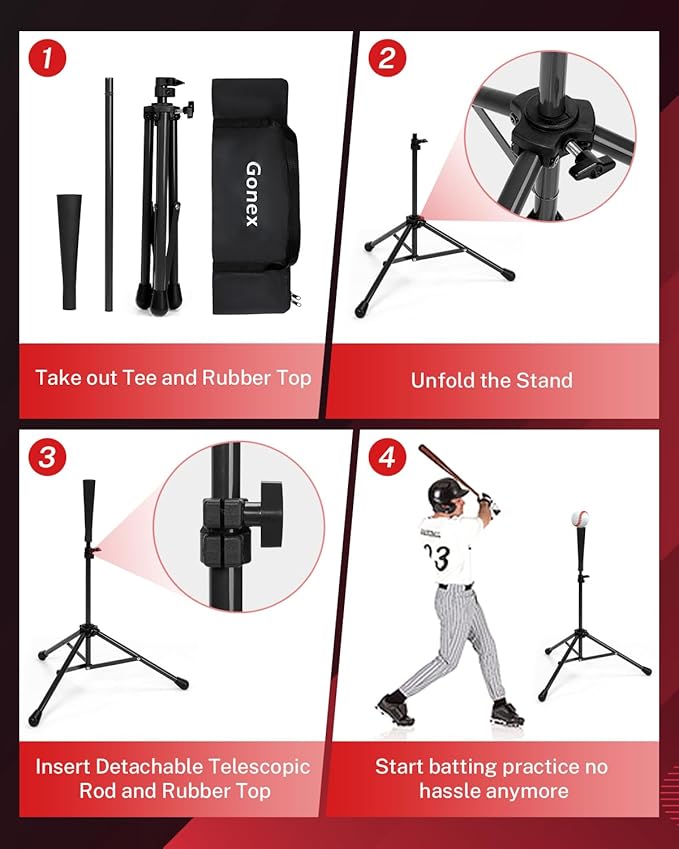 Gonex Baseball Softball Practice Hitting Batting Tripod Stand Rubber Tee Collapsible Portable with Carrying Bag
