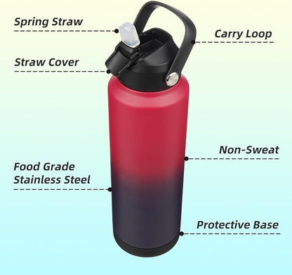 Insulated Water Bottle with Straw Lid,40 oz Stainless Steel Vacuum Metal Bottle with Silicone Handle,Rosy Red