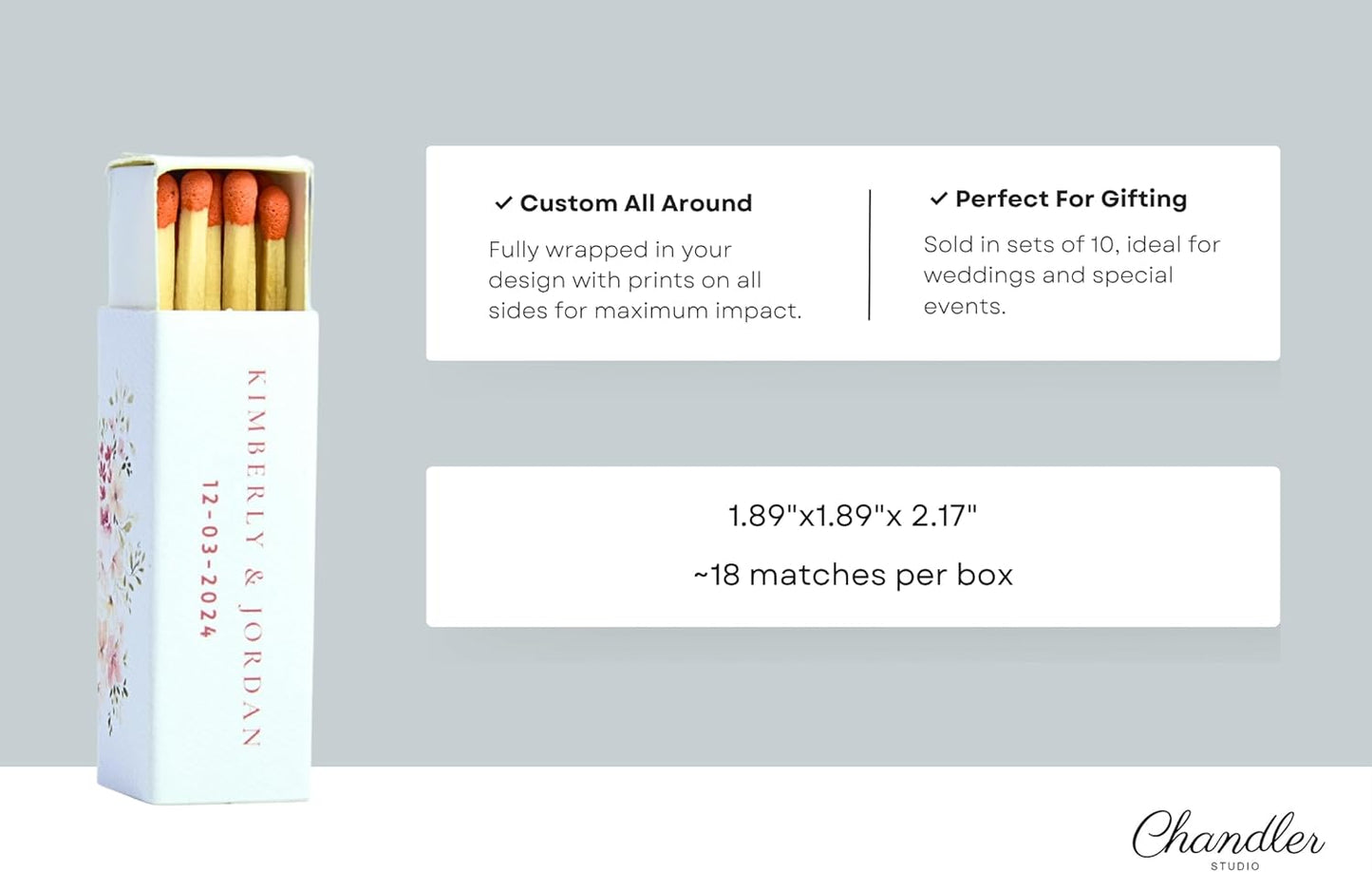 10 Boxes - Customized Matchboxes Colorful Tips (Wedding Design #5, 4" Matchboxes) (2" Matchsticks, Wedding Design #1)
