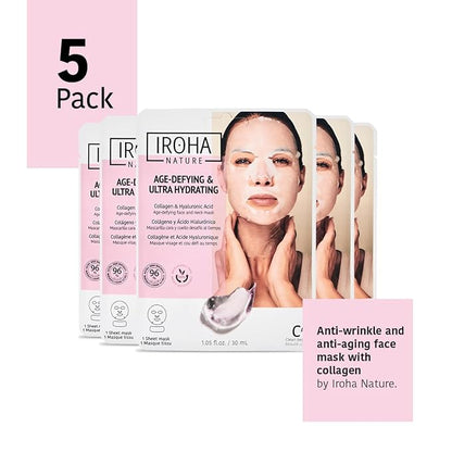 IROHA NATURE Face Masks - Packs for Better Skin (Pack of 5, Anti-Aging Face & Neck Tissue Mask with Collagen (96% Natural Ingredients))
