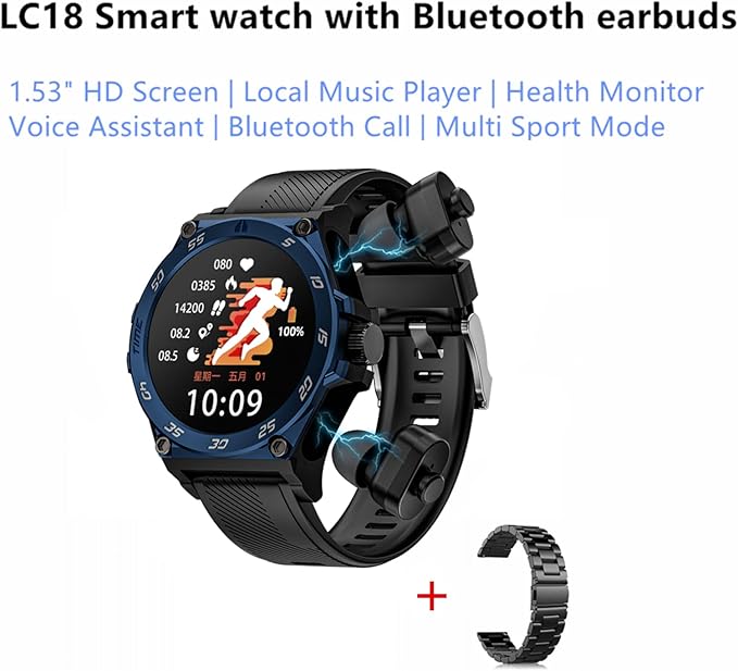 LC18 Smart Watch with Earbuds 1.53 Inch Round Smartwatch Built-in Wireless Bluetooth Headphones Health Monitor Speaker Fitness Tracker 128M Local Music Player (Blue Silicone+Steel)
