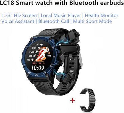 LC18 Smart Watch with Earbuds 1.53 Inch Round Smartwatch Built-in Wireless Bluetooth Headphones Health Monitor Speaker Fitness Tracker 128M Local Music Player (Blue Silicone+Steel)