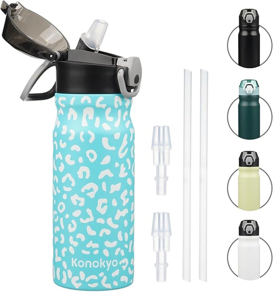 Insulated Water Bottle with Straw and Carry Loop,18 oz Stainless Steel Double Wall Vaccum Metal Water Flask with Leak-proof Lid,Blue Leopard