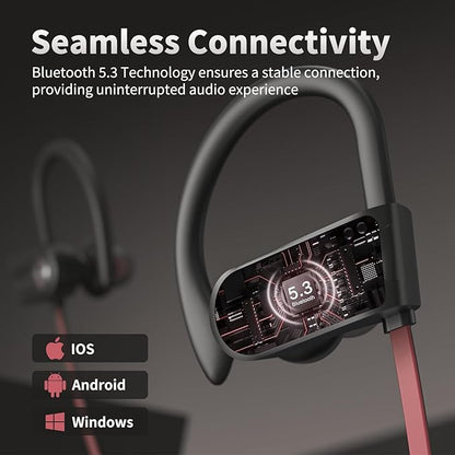 JOYWISE Wireless Bluetooth 5.3 Wireless Headphones with 16Hrs Long Battery, Stereo IPX7 Waterproof in-Ear Earphones, Noise Cancelling Headphones for Running, Black&Pink