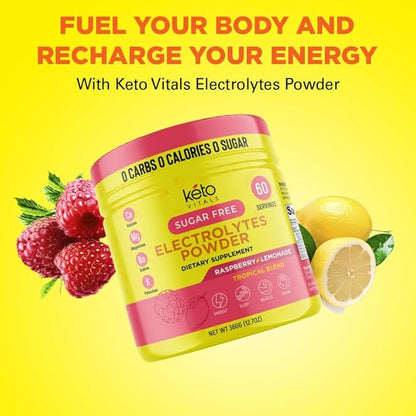 Keto Vitals Electrolytes Powder - Sugar Free Keto Electrolytes Powder with Potassium, Magnesium, Sodium, & Calcium - No Sugar Electrolyte Drink Mix & Hydration Powder, 60 Servings, Raspberry Lemonade