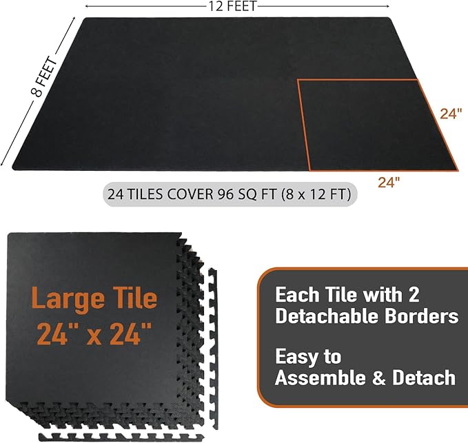 0.56in Thick 96 Sq Ft Exercise Equipment Mats 24 Tiles