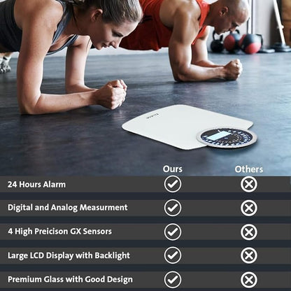 EILISON Highly Advance 2-in-1 Digital & Analog Weighing Scale for Body Weight-400lbs, 4 High Precison GX Sensor Accurate, Thick Tempered Glass, Extra Large Display (White)