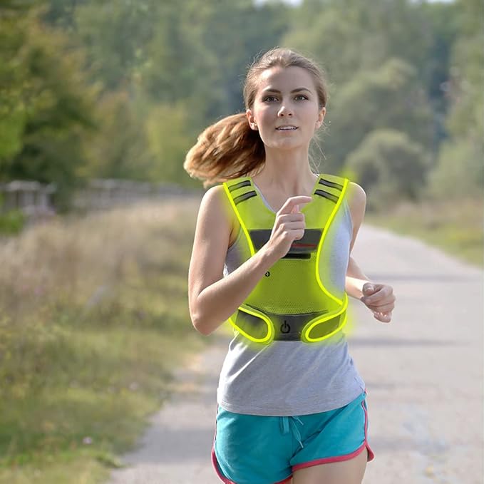 LED Reflective Vest Running Gear with Pouch, USB Charging & Ultralight Reflective Safety Vest | Large Pocket & Adjustable Waist for Night Running Cycling - 3 LED Glowing Modes Reflector Strips