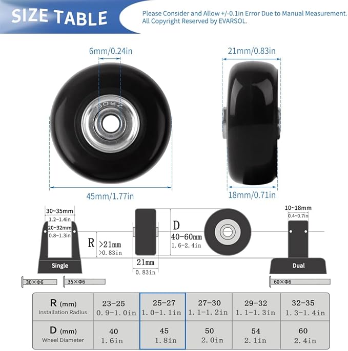 45mm 4PCS Luggage Replacement Wheels & Hacksaw for Trolley Case Bags; Inline, Swivel, Rubber & Roller Bearings Repair Kits with Axles