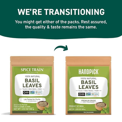 HANDPICK Dried Basil Leaves 40 Servings (100g/ 3.5oz) Non GMO, Gluten Free, 100% Raw Whole Tulsi Leaf, Sourced from India, Premium Quality, Packed in Resealable Ziplock Pouch