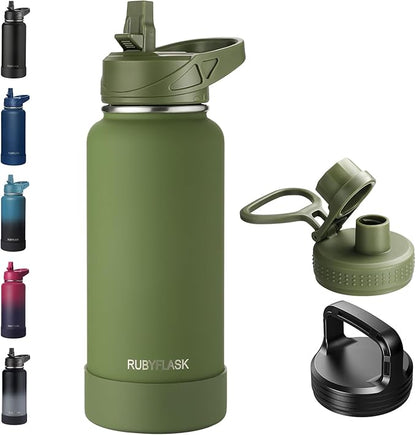 32oz Insulated Water Bottle with Straw, Stainless Steel Metal Vacuum Water Flask, Large Thermal Water bottle with Leakproof 3 Lids for Travel, Camping, Gym Sports Armygreen