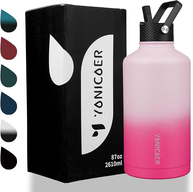 Insulated Water Bottle 64oz,Triple Wall Vacuum Stainless Steel(Dishwasher Safe),Leak Proof & Non-BPA,Flask Jug with Paracord Handle & Straw Spout Lids Sports