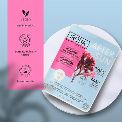IROHA NATURE AFTERSUN Facial Mask that Nourishes & Prolongs Tan | 15 Pack | With Algae, Probiotics & Hyaluronic Acid | More Hydrated, Strengthened & Glowing Skin | Anti-Aging